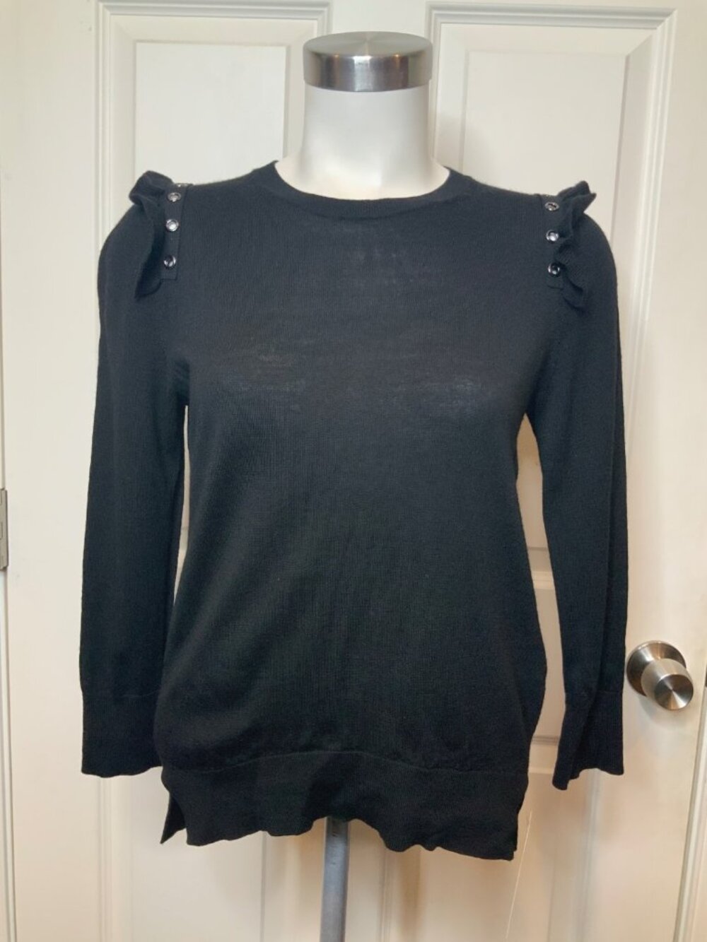 Dorothee Schumacher Black Wool Ruffle Shoulder Sweater, Size 2